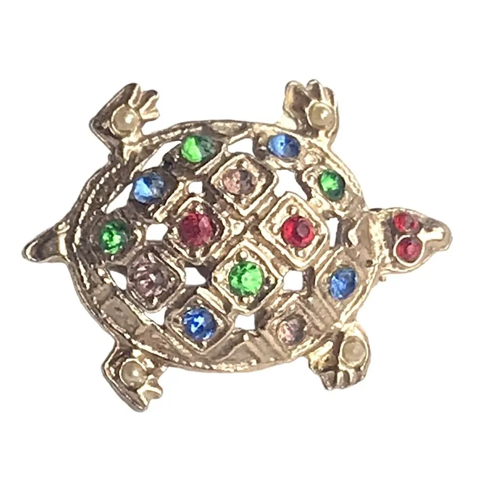 Turtle Fancy Multi Color Jeweled Brooch Pin Vintage Gold Tone